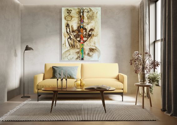 3d render of agrungy concrete room with a yellow sofa an art can